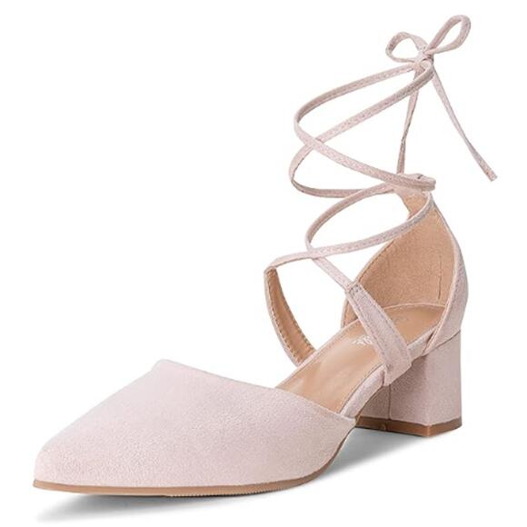 Heel The World Shoes - NEW Heel The World Women's Nude Pointed Toe Lace Up Low Block Heels Size 11